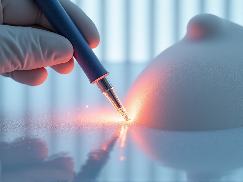A close-up medical illustration of a cryoprobe being inserted near the occipital nerves, with frost forming around the tip of the probe. The background is a sterile, clinical environment with soft lighting, conveying a sense of precision and safety.