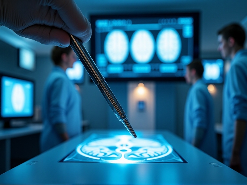 A close-up of a cryoprobe in action during an MRI-guided cryotherapy procedure, showing the thin, metallic probe emitting a cold vapor as it targets a specific area in the brain. The MRI screen in the background displays detailed brain images, highlighting the precision of the procedure. The scene is illuminated by the soft glow of medical monitors, creating a high-tech and focused atmosphere.