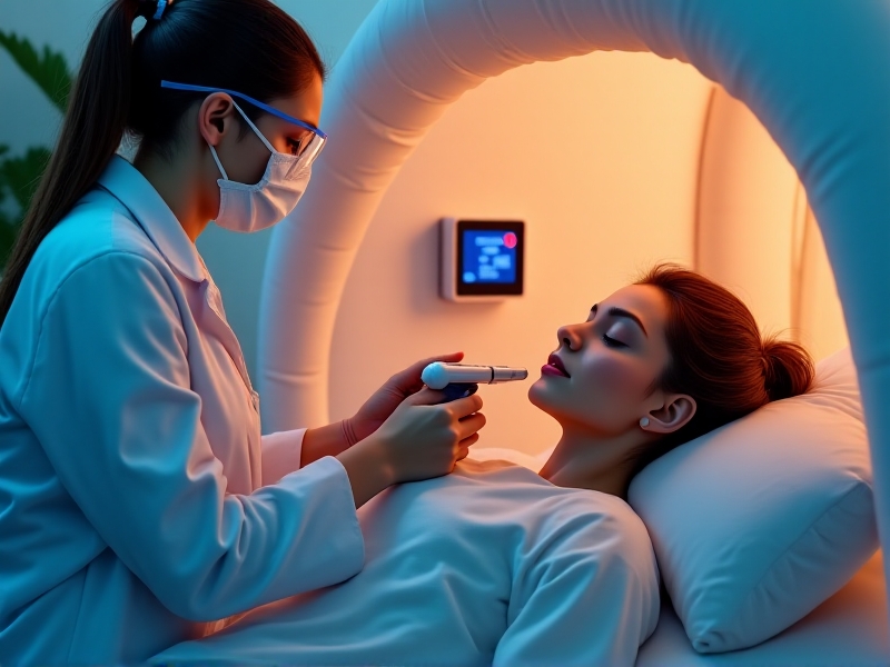 A close-up of a cryotherapy session in progress, showing a healthcare professional applying a cryo pen to a patient's skin, with a focus on precision and care in the treatment process.