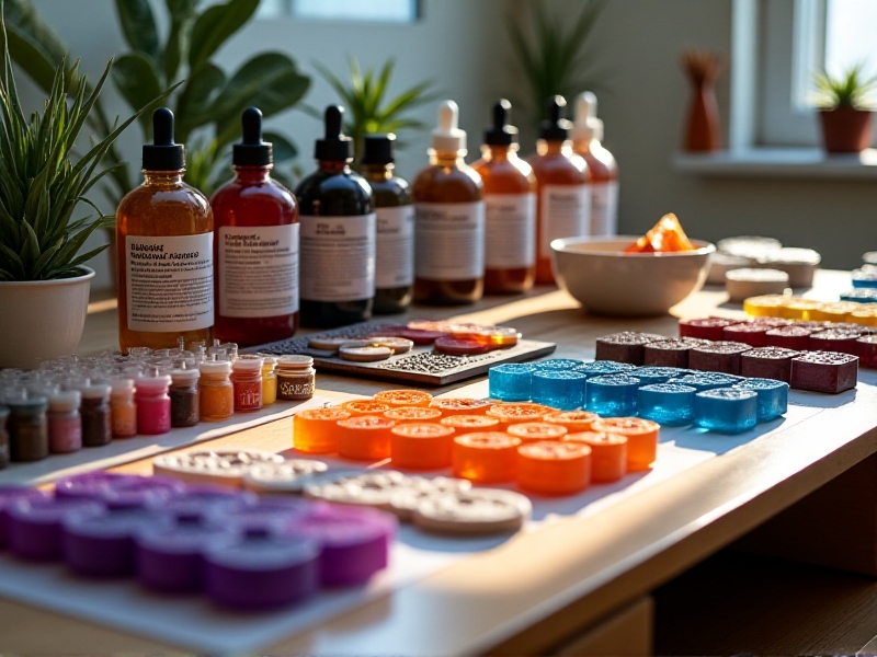 An organized workspace with various resin casting supplies, including silicone molds, epoxy resin bottles, colorful pigments, mixing cups, and safety gloves. The image conveys a sense of preparation and creativity, with soft natural lighting enhancing the vibrant colors of the materials.