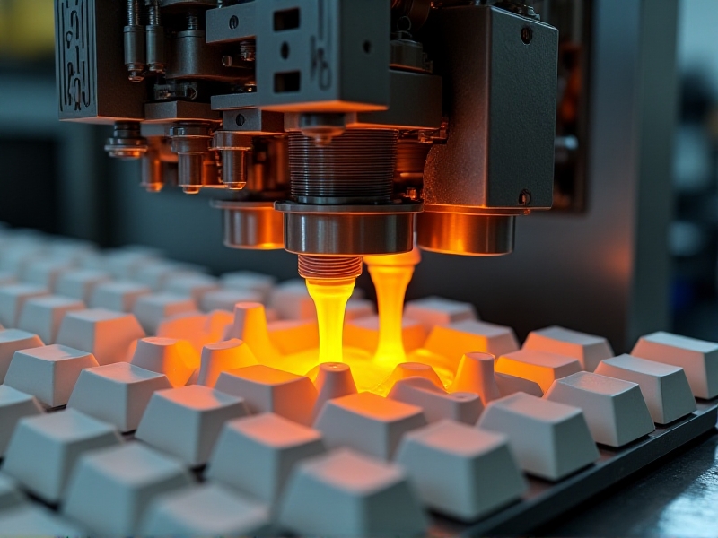 A close-up of an injection molding machine producing keycaps, with molten plastic being poured into molds, surrounded by a clean, industrial setting with bright lighting to highlight the precision of the process.