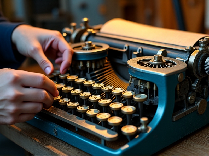 A close-up of a vintage typewriter being repaired, with a pair of hands carefully adjusting the typebars using precision tools. The image highlights the intricate mechanics of the typewriter, with gleaming metal parts and a worn but functional keyboard. The lighting is focused, emphasizing the craftsmanship involved in the repair process.