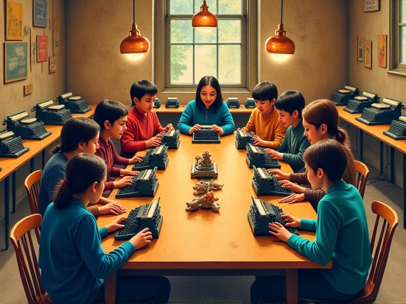 A lively workshop setting with participants typing on vintage typewriters, their hands moving swiftly over the keys. The room is filled with energy and creativity, reflecting the joy of hands-on learning.