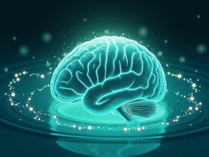 A digital illustration of a human brain in a theta state, with soft, glowing waves of blue and green light emanating from it. The image represents deep relaxation, creativity, and mental clarity, highlighting the benefits of floatation therapy.