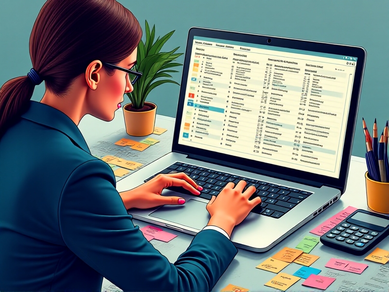 A detailed image of a marketer analyzing influencer profiles on a laptop screen, surrounded by sticky notes and charts. The laptop displays social media metrics and engagement data, with a focus on wellness and lifestyle influencers. The workspace is organized and professional, highlighting the strategic process of influencer selection.